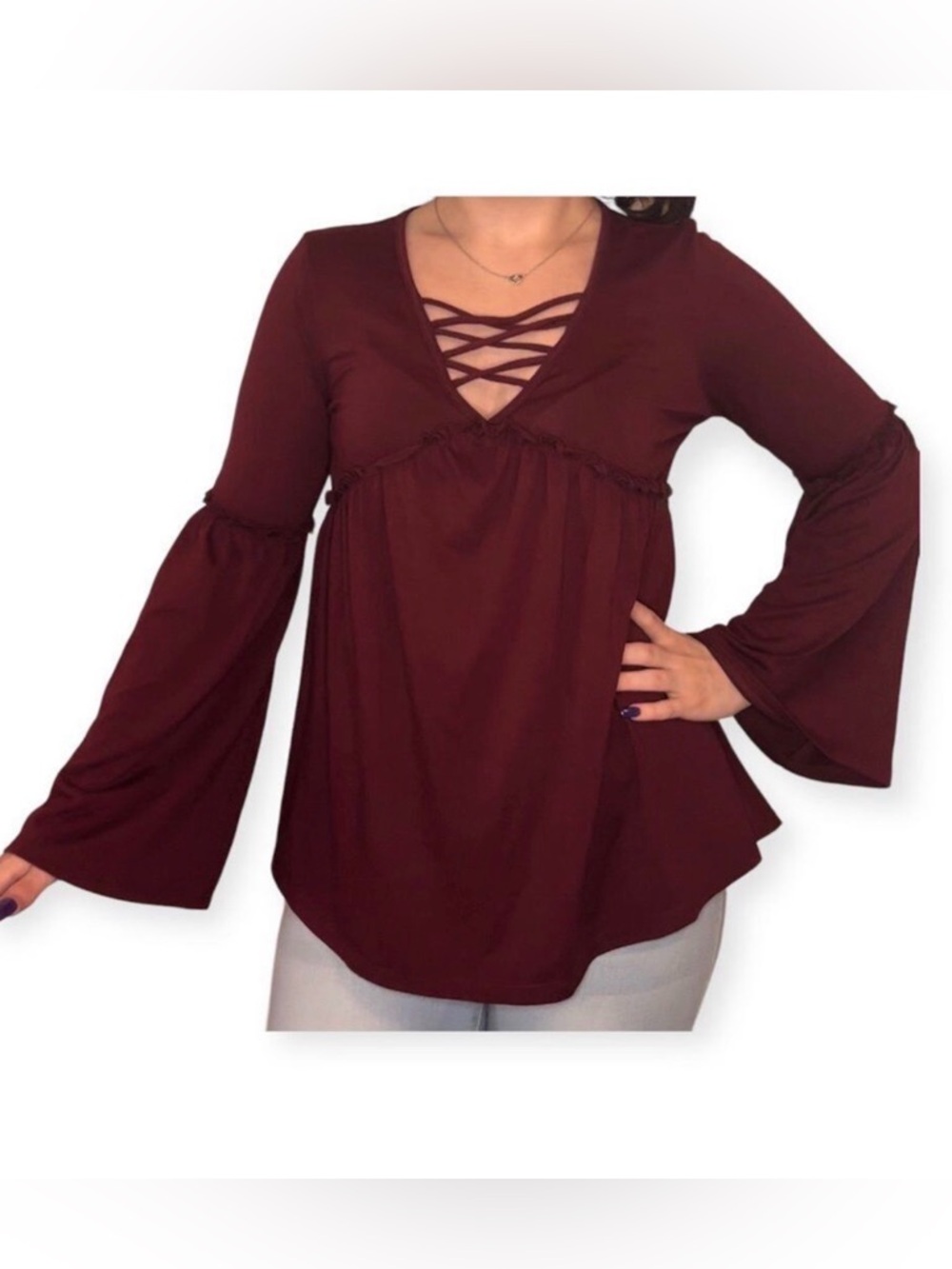 Maroon Boho Lace-Up Bell Sleeve Blouse Romantic Whimsigoth‎ Top Sz Small